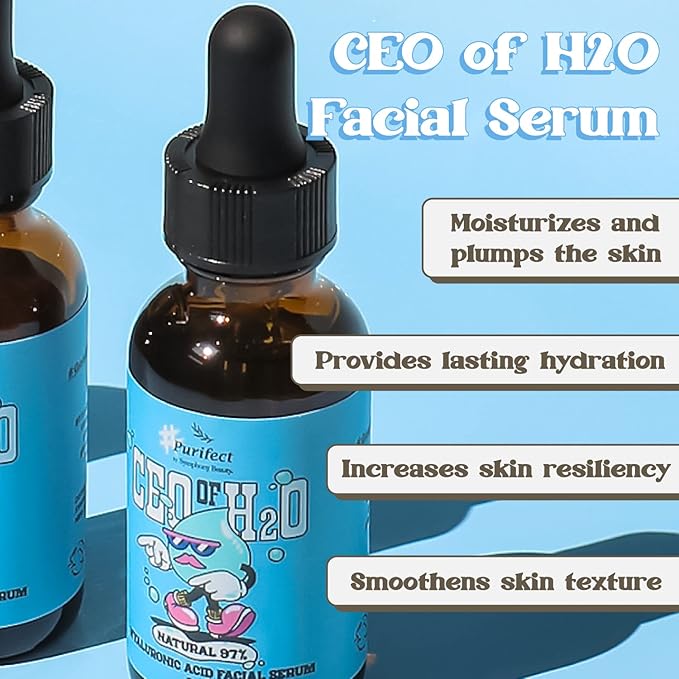 Purifect CEO of H20 Hyaluronic Acid Facial Serum - Ultra Hydrating & Moisturizing Serum for Face, Balances Skin Texture, Vitamin E for Antioxidant Support, Vegan Skincare, Cruelty Free - 1 fl oz
