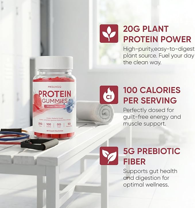 Protein Gummies,20g Protein Per Bottle, Sugar-Free, Mixed Berry Flavor, Low Calorie Vegan Protein Snack, Gluten & Soy Free, On-The-Go Nutrition,60 Gummies (red)
