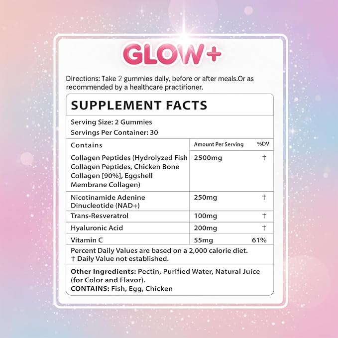 Jovi Nutrition Glow+ NAD+ & Collagen Gummies,Multi-Type Hydrolyzed Collagen Peptides with Resveratrol, Hyaluronic Acid, Vitamin C & E, Skin, Hair & Nail Nutritional Support