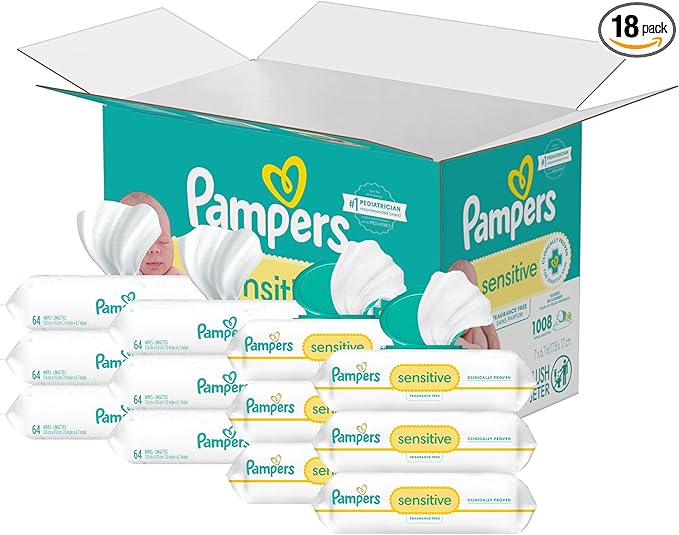 Pampers Sensitive Baby Wipes, Water Based, Hypoallergenic and Unscented, 18 Flip-Top Packs (1008 Wipes Total) [Packaging May Vary]