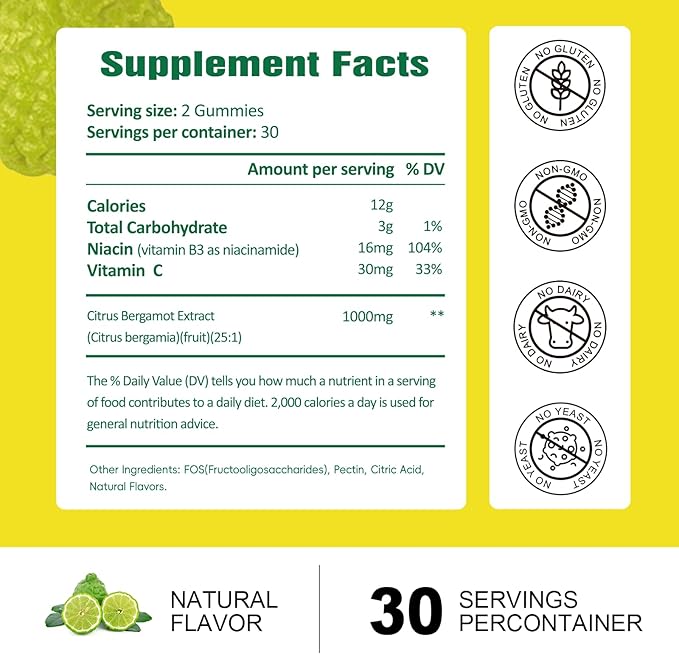 Sugar Free Citrus Bergamot Gummies - All Natural Supplements 25:1 Extract from Italian Bergamot Supplement for Healthy Anti-Aging Sugar-Free Vegan