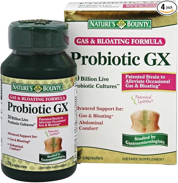 Nature's Bounty Probiotic GX Gas & Bloating Formula, Capsules 25 ea (Pack of 4)