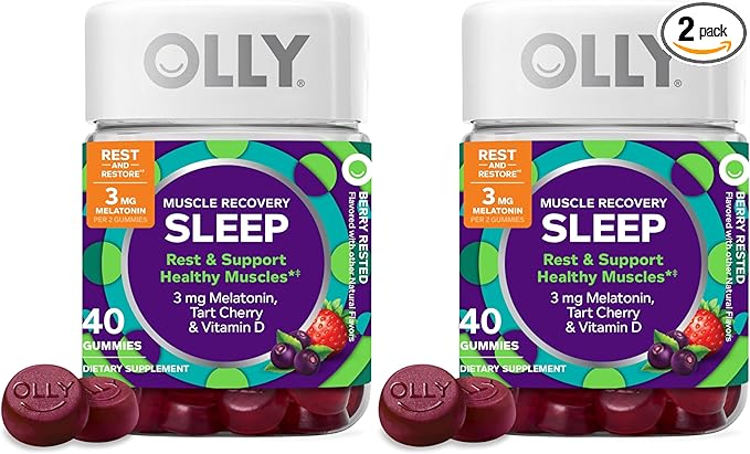 OLLY Muscle Recovery Sleep Gummies,Sleep and Sore Muscle Support,3mg Melatonin,Tart Cherry,Vitamin D,Berry Flavor -,40 Count (Pack of 2)