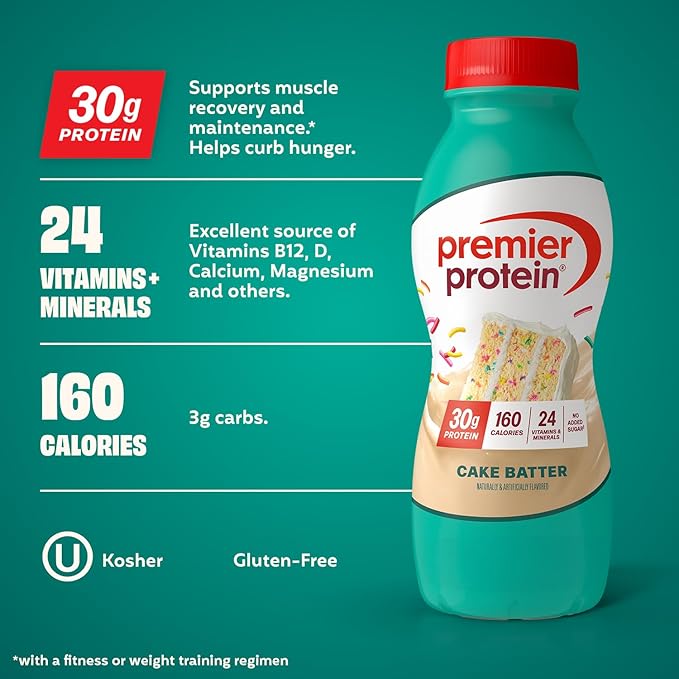 Premier Protein Shake, Cake Batter, 30g Protein, No Added Sugar, 24 Vitamins & Minerals to Support Immune Health, 11.5 fl oz, 12 Pack (Packaging May Vary)