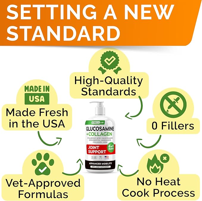 STRELLALAB Liquid Glucosamine for Dogs 32 OZ - Joint Support - All-Natural Hip & Joint Supplement, Glucosamine Chondroitin Liquid, MSM & Collagen for Dogs Mobility, Joint Pain Relief (Pack of 2 16oz)