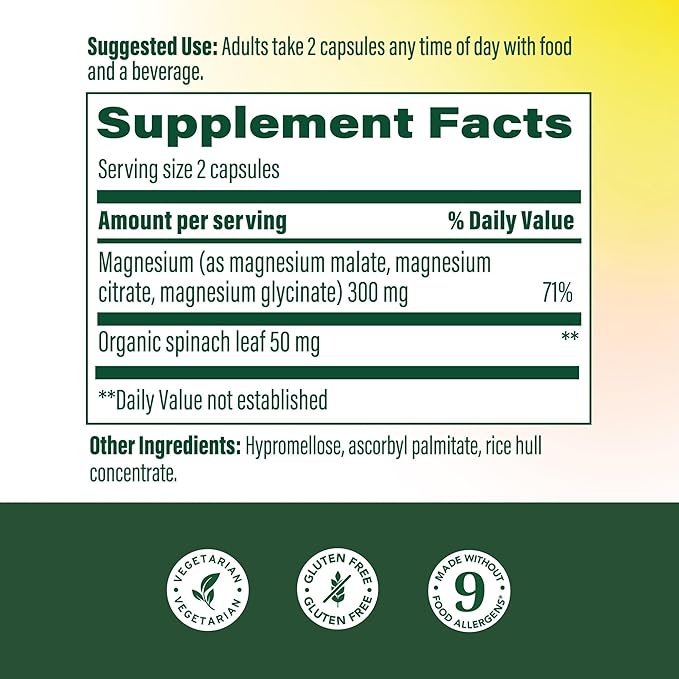 MegaFood Magnesium Glycinate, Citrate & Malate 300mg Supplement - Highly Absorbable Blend to Support Heart, Nerve Health & Relaxation, Triple Magnesium Complex Supplement, 120 Capsules (60 Servings)