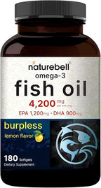NatureBell Omega-3 Fish Oil - 180 Softgels - Support for Joint, Brain & Heart Health* - with EPA & DHA - No Burps or Fishy Aftertaste - Non-GMO & Mercury-Free Formula - Lemon Flavor