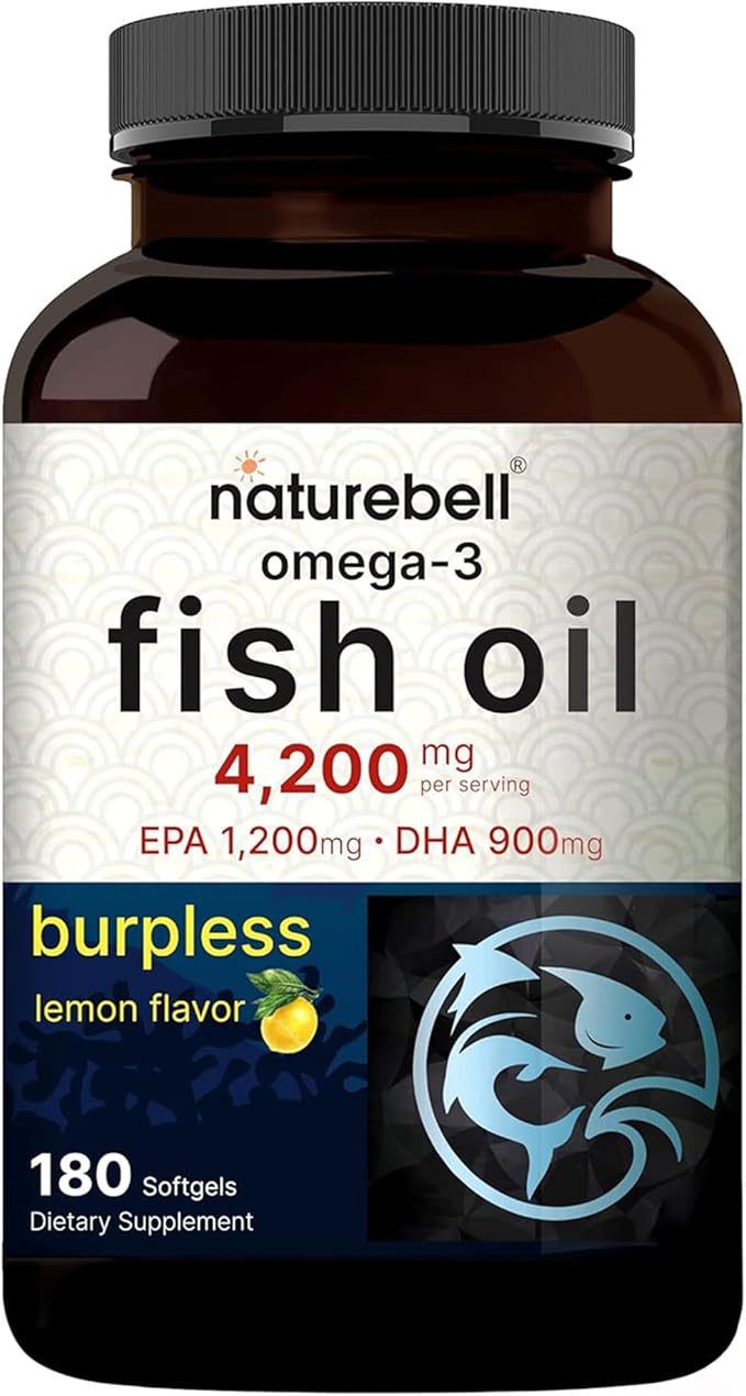 NatureBell Omega-3 Fish Oil - 180 Softgels - Support for Joint, Brain & Heart Health* - with EPA & DHA - No Burps or Fishy Aftertaste - Non-GMO & Mercury-Free Formula - Lemon Flavor