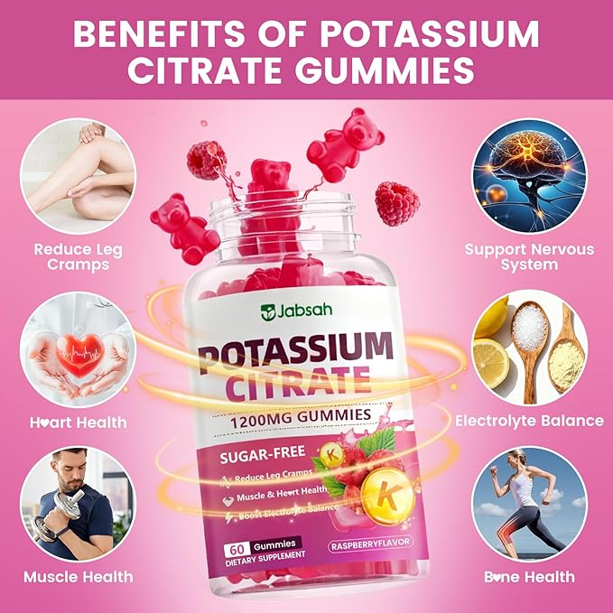 Potassium Citrate Gummies 1200mg, Sugar-Free Potassium Supplement for Adults Women & Men, Supports Leg Cramps & Muscle & Heart Health, Vegan, Gluten Free - Raspberry Flavor (120 Count)