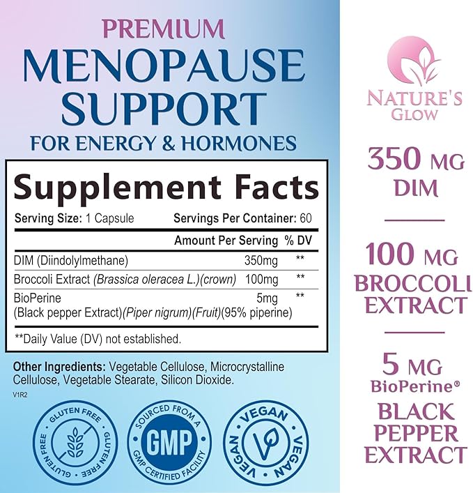 Menopause Supplements for Women - Natural Hormone Support with DIM, BioPerine & Broccoli Extract - Menopause Relief and Balance Antioxidant, for Hot Flashes and Night Sweats Support - 60 Capsules