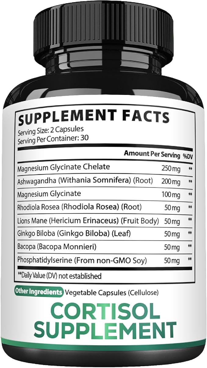 Satoomi 8in1 Cortisol Manager with Magnesium Glycinate, Ashwagandha, Rhodiola Rosea, Lions Mane & More - Cortisol Reducer Supplement Men & Women - 60 Capsules