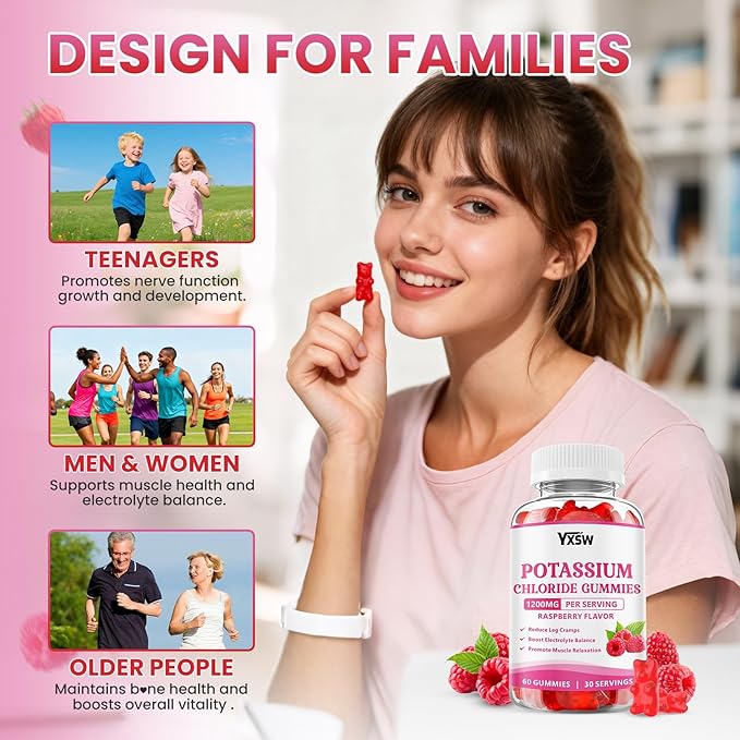 Potassium Gummies for Adults, Potassium Chloride 1200mg, Potassium Supplement for Women & Men, Supports Electrolyte Balance & Muscle Health, Sugar-Free, Raspberry Flavor, 60 Count
