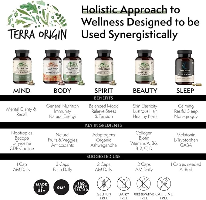 TERRA ORIGIN Healthy Stress Supplement | 60 Capsules | KSM-66 Organic Ashwagandha, L-Theanine, Rhodiola Extract, Astragalus Root and Holy Basil | Stress and Mood Support