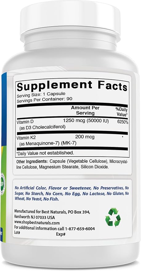 Best Naturals Vitamin D3 50,000 IU with MK-7 K2 200 mcg – 90 Veg Capsules – High Potency – Non-GMO, Gluten Free