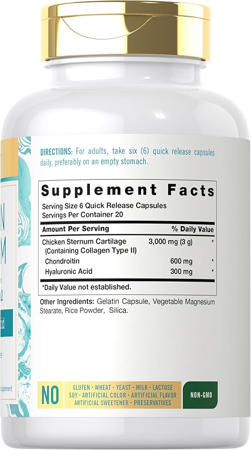 Carlyle Chicken Sternum Cartilage Collagen Capsules | Type II 3000mg | 120 Pills | Plus Hyaluronic Acid | Non-GMO, Gluten Free