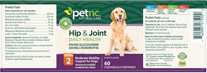 Petnc Level-2 Hip & Joint Health Supplement for Adult Dogs (60 Count), 500mg Glucosamine, 200mg Chondroitin, 50mg MSM, & 6mg Hyaluronic Acid, Includes Vitamin C & Manganese, Liver Flavor