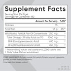 Sports Research® Omega-3 Fish Oil 1250 - Triple Strength Fish Oil Supplement from Wild Alaska Pollock - MSC Certified Sustainable · Non-GMO · Soy Free - 180 Softgel Capsules