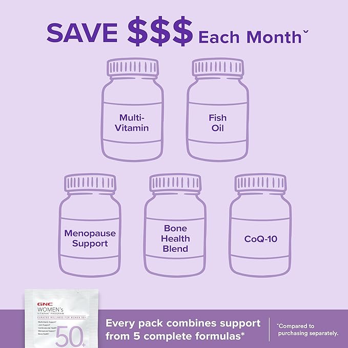 GNC Women’s 50+ Vitapak, 5-in-1 Multivitamin Pack, Healthy Hormones, Brain Health, Metabolism, Bone Strength, Edible Dietary Supplement, 30 Servings