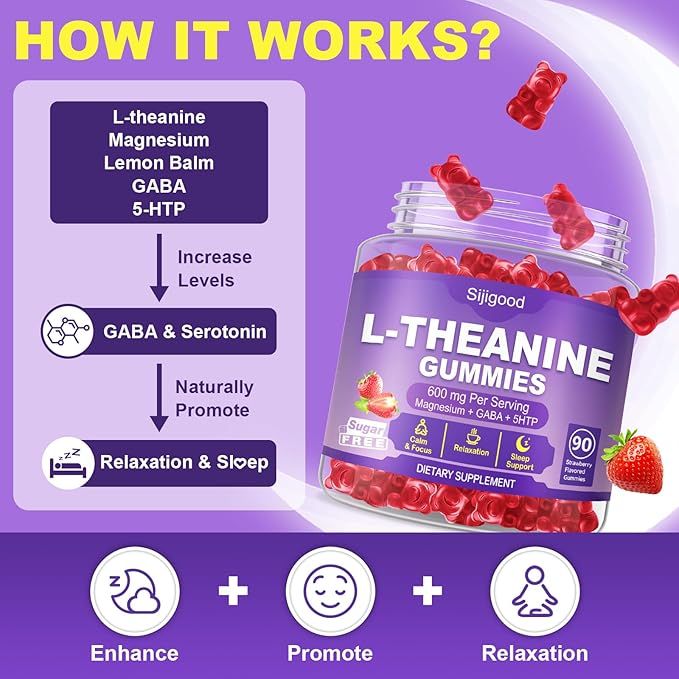 180 Count | L-Theanine Gummies for Kids & Adults - L Theanine Supplements with Ashwagandha, GABA & 5HTP - Support Natural Relaxation, Calm, Deep Zzz & Stress Relief, Strawberry Flavor