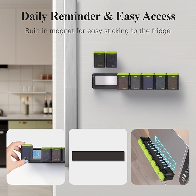 KOVIUU Weekly Pill Organizer Magnetic, Removable Pill Box 7 Day 1 Time a Day, Large Pill Case Travel, Week Once Daily Medication Dispenser, Medicine Container Holder for Supplement Vitamin, Green