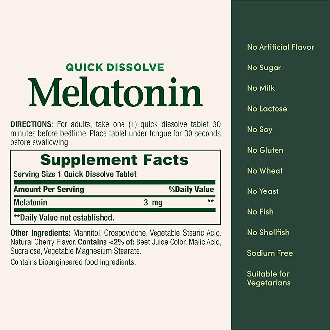 Nature's Bounty Melatonin 3mg Quick Dissolve, Sleep Aid Supplement, Sleep Aids for Adults, Cherry Flavor, 240 Count (Pack of 1)