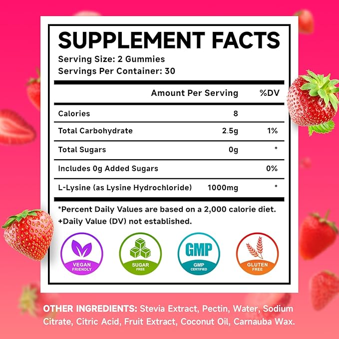 MEENCCD 2 Pack L-Lysine 1000mg Gummies, Lysine Supplement for Adults & Kids, Essential Amino Acid for Oral & Lips Health, Boost Immune & Calcium & Collagen, Sugar-Free, Strawberry Flavor, 120 Count