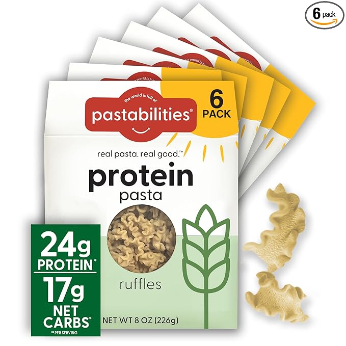 Pastabilities, Protein Pasta, Ruffles - 24g Protein & Low Carb, 17g Net Carbs - High Protein, Delicious Taste & Texture Non-GMO Plant-Based Pasta, Keto Friendly, Vegan (8 Ounce, 6 Pack)