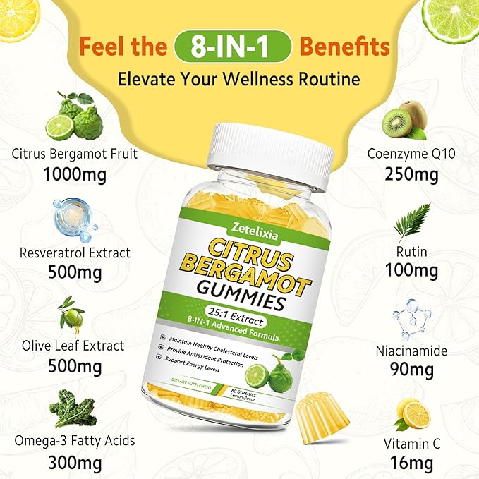 Citrus Bergamot Gummies, Citrus Bergamot Supplement for High Cholesterol, Cholesterol Lowering Supplement for Heart, Immune System & Healthy Aging Support, Sugar Free, Vegan, Lemon Flavor, 60 Count