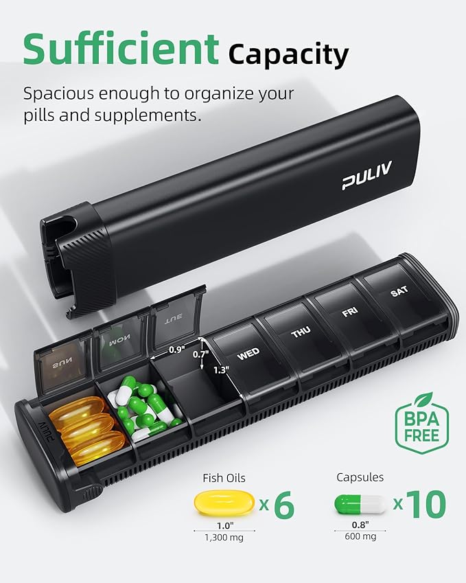 PULIV Metal Weekly Pill Organizer with Sturdy & Sleek Aluminum Alloy Case, Pill Case for Travel with Triple Design Against Spilling, Compact Pill Box 7 Day for Vitamins, Fish Oils, Supplements, Black