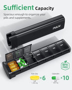 PULIV Metal Weekly Pill Organizer with Sturdy & Sleek Aluminum Alloy Case, Pill Case for Travel with Triple Design Against Spilling, Compact Pill Box 7 Day for Vitamins, Fish Oils, Supplements, Black
