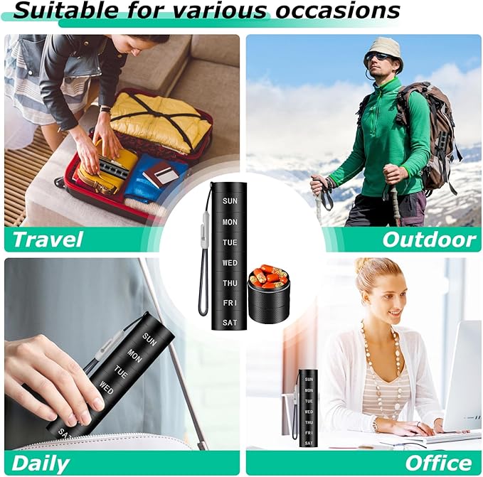 Aluminium Travel Pill Organizer,Weekly Metal Pill Case,Pill Holder, Moisture Proof Waterproof Daily Pill Box 7 Day, Large Pill Container to Hold Vitamins,Medication,Supplements 【Black Knurling】