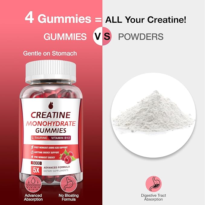 Creatine Gummies for Men & Women - Creatine Monohydrate Gummies 5g, Low Sugar Creatine Supplement for Muscle Builder, Energy Boost & Pre-Workout Supplement, Raspberry Flavor, 160 Gummies (2 Bottles)