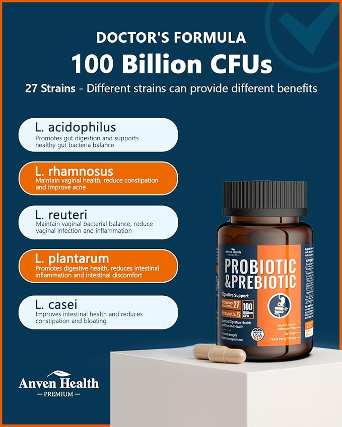 100 Billion Probiotics for Men and Women 27 Strains 5 Organic Prebiotics for Gut Digestive & Immune Health, Supports Diarrhea Gas Bloating, Non-GMO, Zero Fillers – Made in USA丨60 Caps