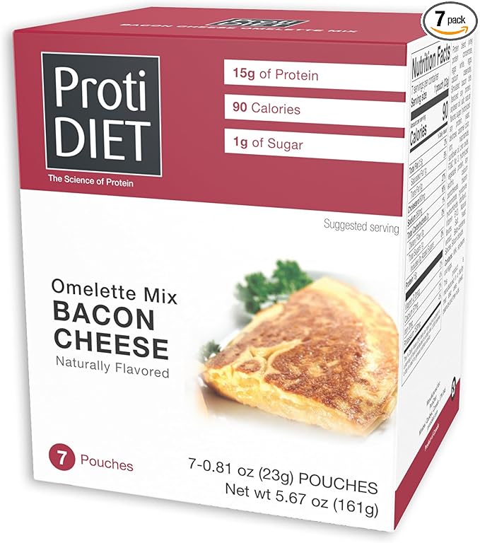 ProtiDIET Bacon Cheese Omelette Mix – Low-Sugar, No Trans Fat, High Protein Snack for 7 Adults – Nutritious Meal Replacement - Quick and Easy to Prepare - 7 Pouches Per Box