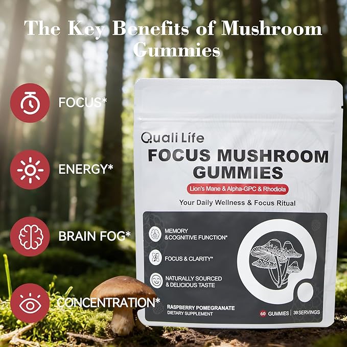 Mushroom Gummies with Lion’s Mane, Alpha-GPC & Rhodiola - 12 in 1 Mushroom Complex Supplement with Reishi, Cordyceps, Chaga & Turkey Tail – Brain Focus & Memory Support, 30 Servings