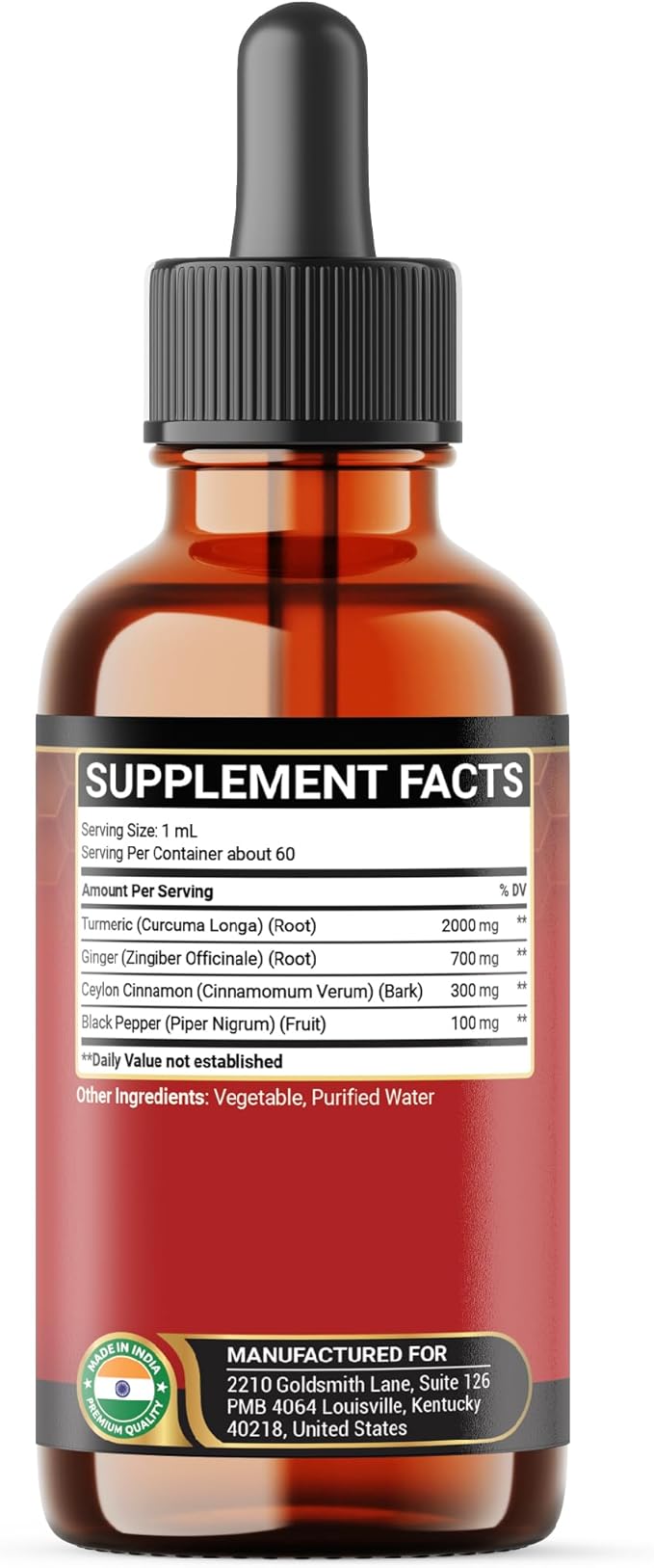 4 in 1 Liquid Turmeric Curcumin Drops Ginger Ceylon Cinnamon and Black Pepper - 2FL oz - 60 Servings