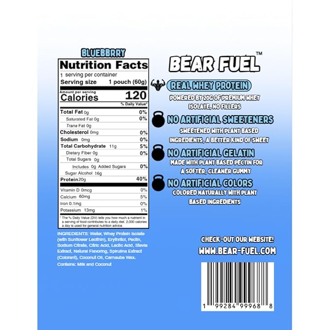 Bear Fuel Protein Gummies – 20g Protein Candy Snack – High Protein, Zero Sugar, Naturally Sweetened Gummy Bears – Fruit Variety (3, Blueberry)