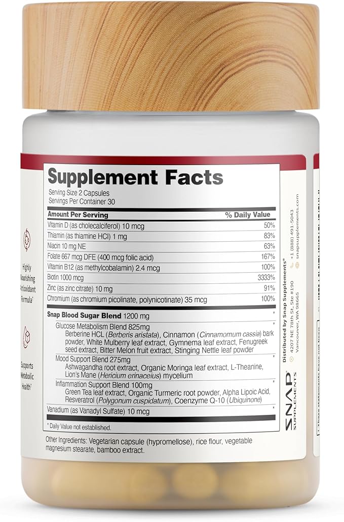Snap Supplements Blood Sugar Blend with Berberine, CoQ10, Cinnamon, and Gymnema to Support Already Healthy Blood Sugar, Metabolic Health and Energy, Sugar Free, 60 Capsules 2-Pack (Packaging May Vary)