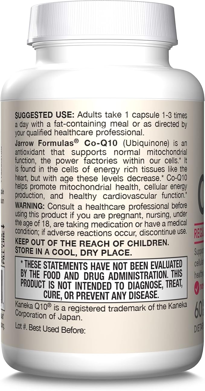 Jarrow Formulas Co-Q10 100 mg - Antioxidant Support for Mitochondrial Health, Cellular Energy Production & Healthy Cardiovascular Function - 60 Veggie Capsules - Non-GMO - Gluten Free