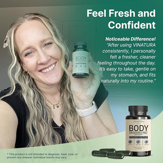 VINATURA Body Deodorizing Supplement for Women - Magic Chlorophyll Pills for Body Odor Eliminator, it Works for Her Internal Deodorant, 30 Capsules