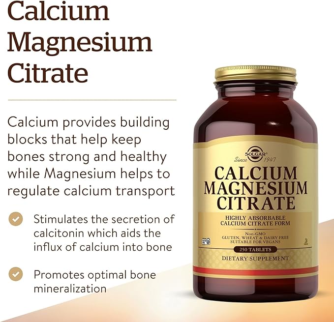 Solgar Calcium Magnesium Citrate, 250 Tablets - Supports Healthy Bones & Teeth - Musculoskeletal & Nervous System Support - Highly Absorbable - Non-GMO and Vegan - 50 Servings