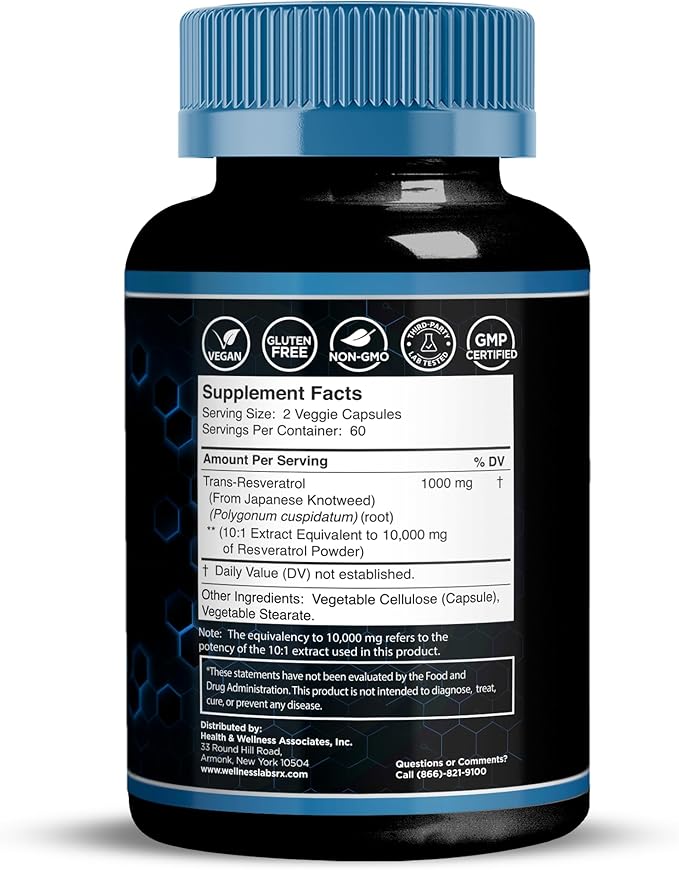 WELLNESS LABSRX Resveratrol 1000mg Capsules - 240 Count - Japanese Knotweed Extract Resveratrol - Pack of 2