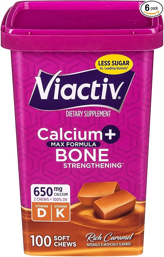 Viactiv Max Formula Calcium +Vitamin D3 Supplement for Bone Health, Rich Caramel, 100 Soft Chews - 6 Pack