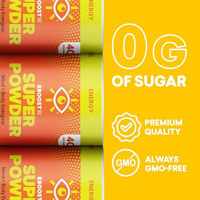 EBOOST Energy Drink & Electrolyte Powder Drink Mix - Super Powder Orange with No Added Sugar, Blend of Vitamins, Nootropics, Natural Caffeine & Hydration - Pre & Post Workout - 40 Serving Tub