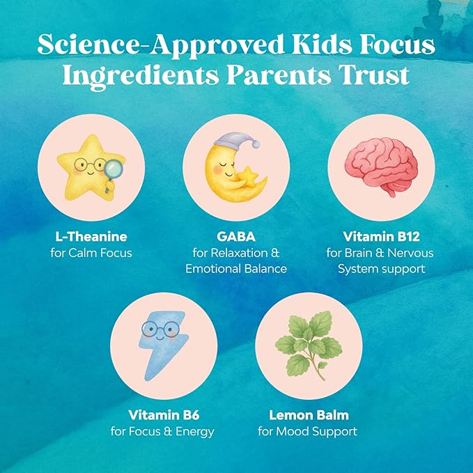 Kids Focus Gummies - Nootropics Brain Support Supplement for Kids with Green Tea Extract, B6 & B12 Vitamins for Memory and Brain Focus - Herbal Concentration Chews for Children - 90 Count
