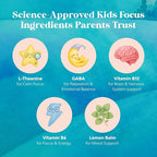 Kids Focus Gummies - Nootropics Brain Support Supplement for Kids with Green Tea Extract, B6 & B12 Vitamins for Memory and Brain Focus - Herbal Concentration Chews for Children - 90 Count