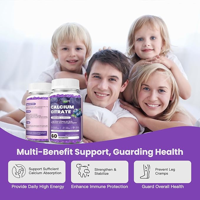 Calcium Citrate Gummies, 1200mg Chewable Calcium Supplement with Vitamin D3, K2, Magnesium & Zinc, Supports Energy and Immunity, High Absorption, Sugar-Free, Blueberry Flavor, 60 Count