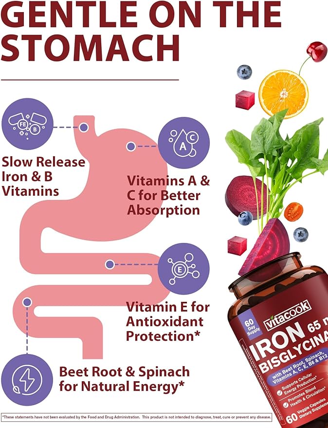 Iron Supplement for Women & Men, 65mg Ferrous Bisglycinate Chelate, Slow Release Iron with Vitamins A C E B6, B12, Folate, Organic Spinach & Beet Root Powder, for Blood Flow & Energy Support, 120 Caps