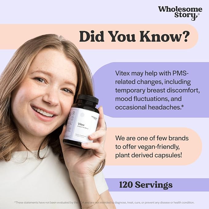 Wholesome Story Organic Vitex Chasteberry Supplement for Women | Hormone Balance, Fertility Support & Period Regulation | Vitex Berry Agnus Castus Extract | 120 Capsules | Chaste Tree Berry