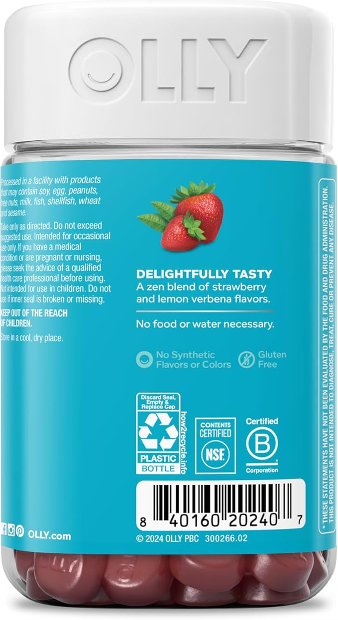 OLLY Goodbye Stress Gummy,GABA,L-Theanine,Lemon Balm,Stress Relief Supplement,Berry -,74 Count (Pack of 2)